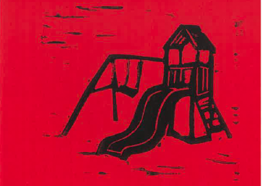 Toboggan et maisonnette de jeux pour enfants noirs sour fond rouge